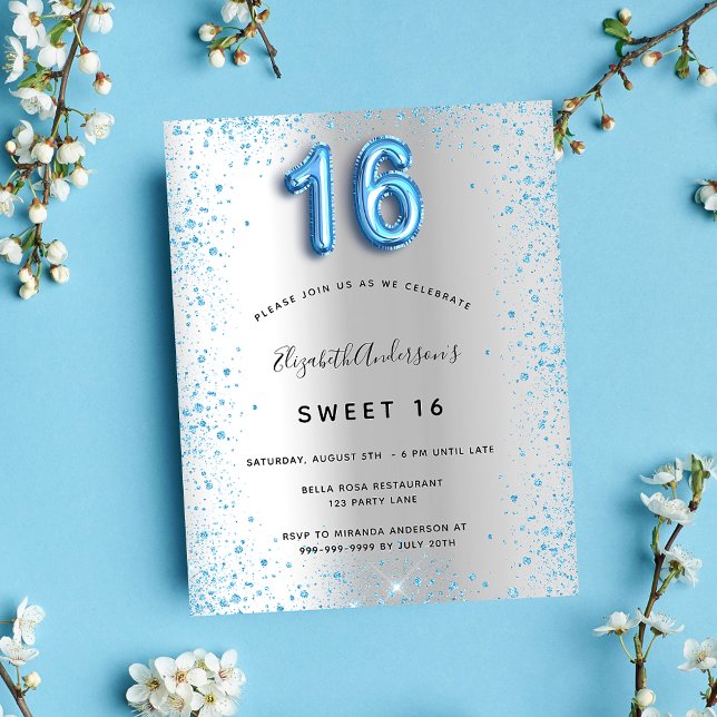 Budget Sweet 16 silver blue glitter invitation (Creator Uploaded)