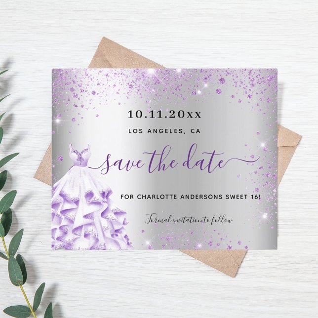 Budget sweet 16 silver purple dress save the date (Creator Uploaded)