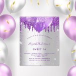 Budget Sweet 16 silver purple invitation<br><div class="desc">A stylish faux silver looking background. Decorated with purple faux glitter and balloons.  Personalise and add a name and party details. The name is written with a hand lettered style script</div>