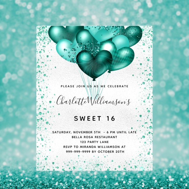 Budget Sweet 16 silver teal glitter invitation (Creator Uploaded)