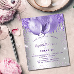 Budget Sweet 16 silver violet invitation<br><div class="desc">A stylish faux silver looking background. Decorated with violet,  lavender coloured faux glitter and balloons.  Personalise and add a name,  age and party details. The name is written with a hand lettered style script</div>