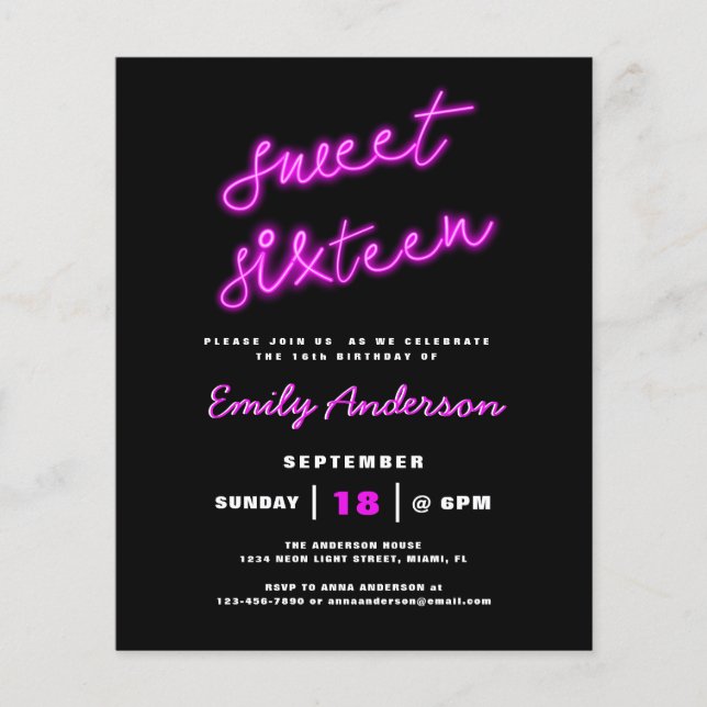 Budget Sweet 16 Sixteen Retro Neon Birthday Party (Front)