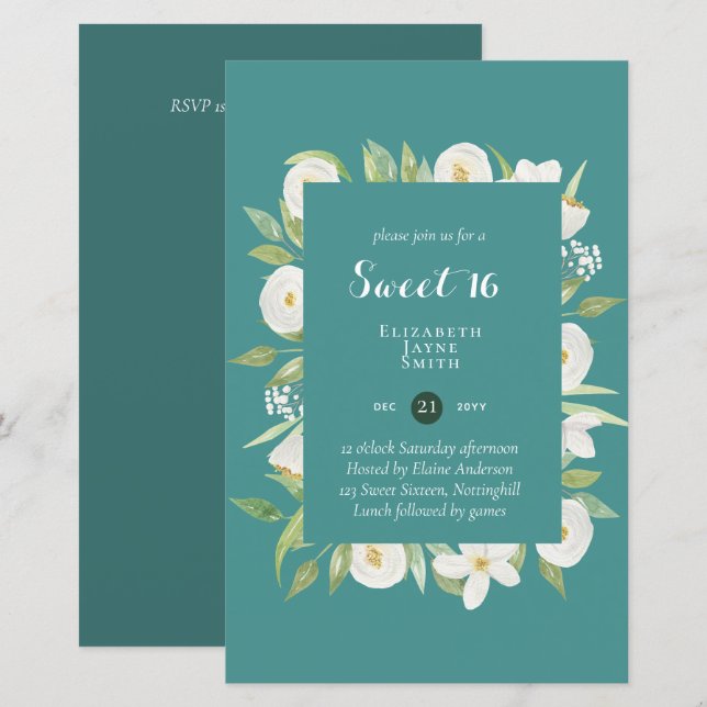 BUDGET Sweet 16, Sixteenth Birthday Floral Invite (Front/Back)