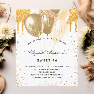 Budget Sweet 16 white gold balloons invitation