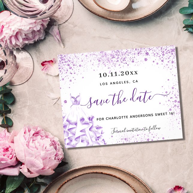 Budget Sweet 16 white violet dress save the date (Creator Uploaded)