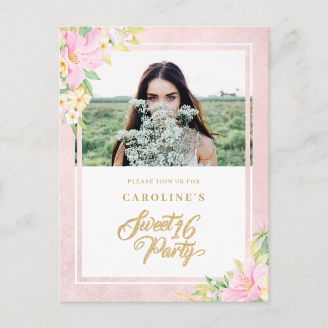 Budget Sweet Sixteen Elegant Floral Pink Photo Invitation Postcard (Front)
