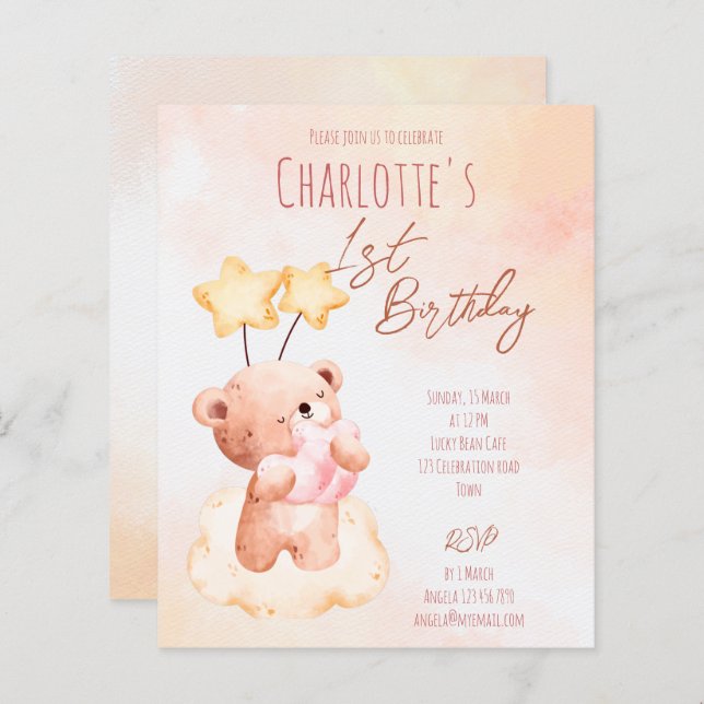 Budget Sweet teddy bear birthday party template (Front/Back)