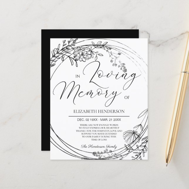 BUDGET Sympathy Thank You Card. Paper Sheet (Front/Back In Situ)