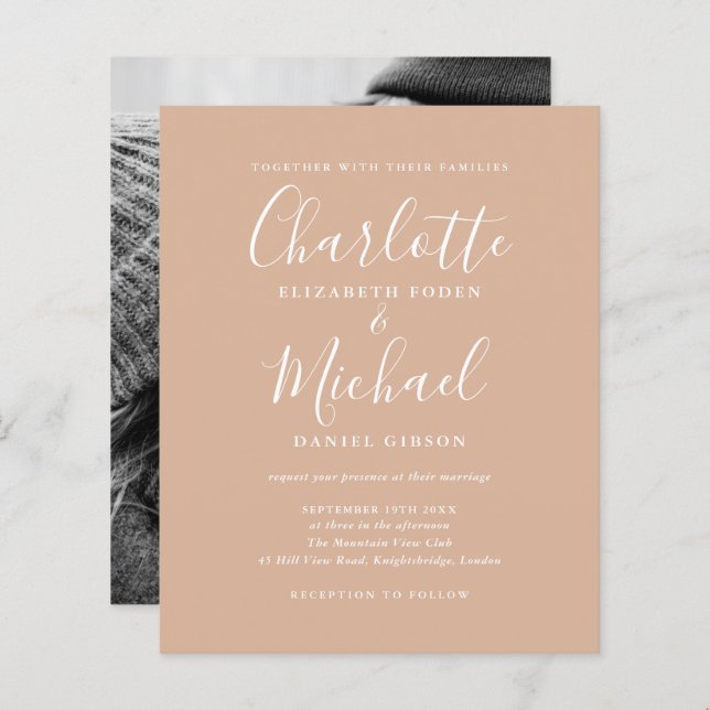Budget Tan Script Photo Wedding Invitation (Front/Back)