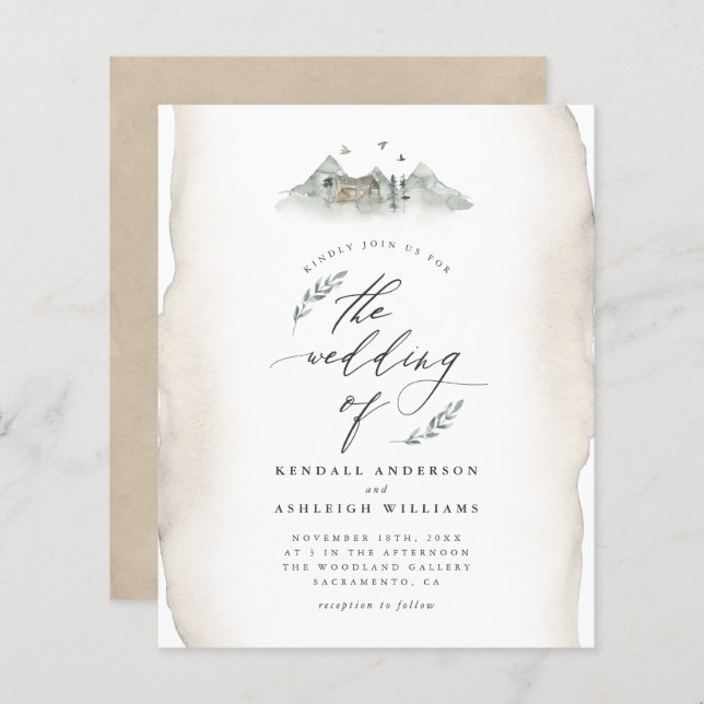 Budget Tan Watercolor Leaves & Mountain Wedding (Front/Back)