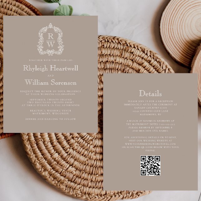 Budget Taupe Monogram Crest QR Code Wedding (Creator Uploaded)
