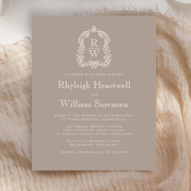 Budget Taupe Monogram Crest Wedding Invite (Creator Uploaded)