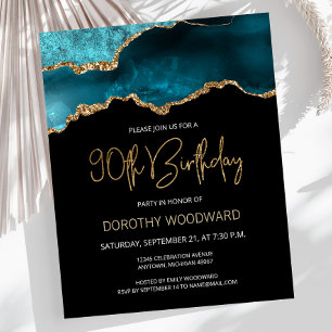 Budget Teal Agate Dark 90th Birthday Invitation