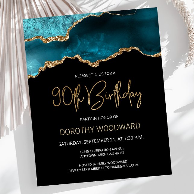 Budget Teal Agate Dark 90th Birthday Invitation (Creator Uploaded)