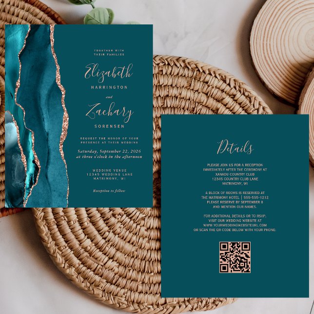 Budget Teal Agate Rose Gold QR Code Wedding Invite (Creator Uploaded)