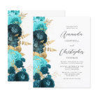 Budget Teal Aqua Floral Gold Script Wedding Invite