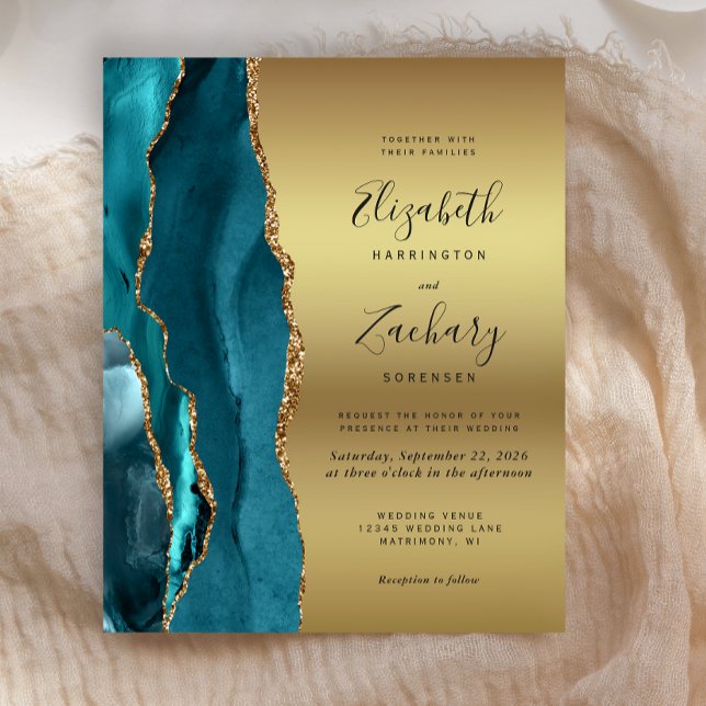 Budget Teal Blue Agate Gold Glam Wedding Invite (Creator Uploaded)