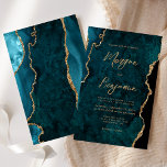 Budget Teal Blue Agate Script Wedding Invite<br><div class="desc">This elegant wedding invitation features a background image of teal blue watercolor agate trimmed with faux gold glitter. The customisable text combines gold-coloured modern handwriting,  copperplate and italic fonts. The reverse side features a coordinating teal and gold agate design.</div>