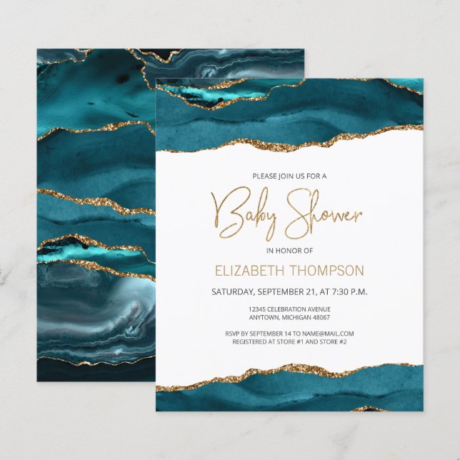 Budget Teal Blue Gold Agate Baby Shower Invitation (Front/Back)