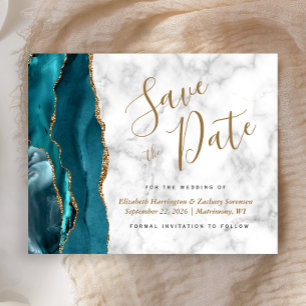 Budget Teal Blue Gold Agate Marble Save the Date