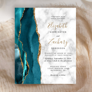 Budget Teal Blue Gold Agate Marble Wedding Invite