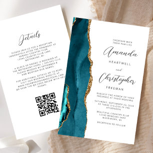Budget Teal Blue Gold Agate QR Code Wedding