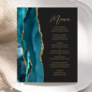 Budget Teal Blue Gold Agate Script Wedding Menu