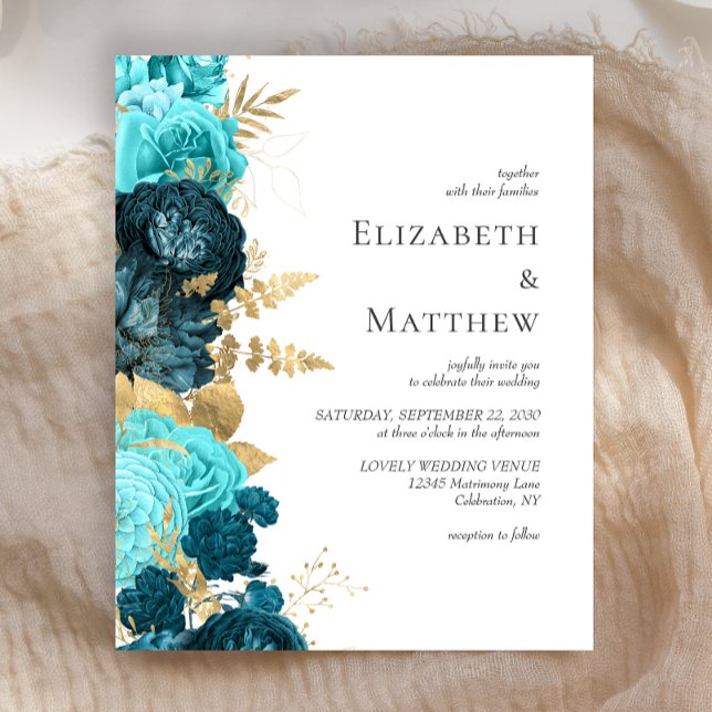 Budget Teal Blue Gold Floral Wedding Invitation (Creator Uploaded)