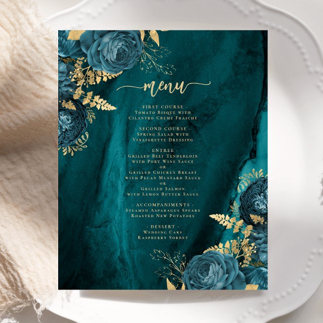 Budget Teal Blue Gold Floral Wedding Menu (Creator Uploaded)