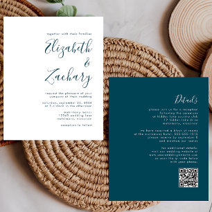 Budget Teal Blue Script QR Code Wedding Invite