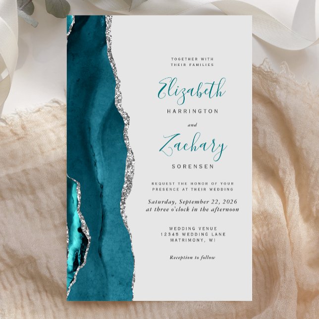 Budget Teal Blue Silver Agate Grey Wedding Invite (Creator Uploaded)