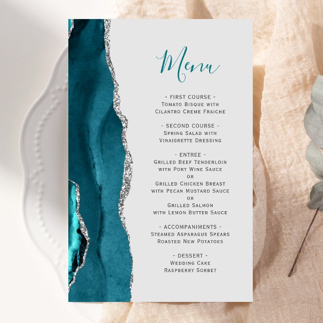 Budget Teal Blue Silver Agate Grey Wedding Menu (Creator Uploaded)