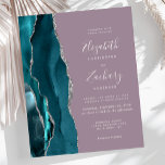 Budget Teal Blue Silver Agate Mauve Wedding Invite<br><div class="desc">The left-hand edge of this elegant modern wedding invitation features a teal blue watercolor agate border trimmed with faux silver glitter. The customisable text combines white handwriting,  copperplate and italic fonts on a mauve background. The reverse side features a matching teal and silver agate design.</div>