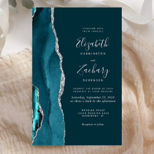 Budget Teal Blue Silver Agate Wedding Invite