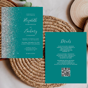 Budget Teal Blue Silver Glitter QR Code Wedding