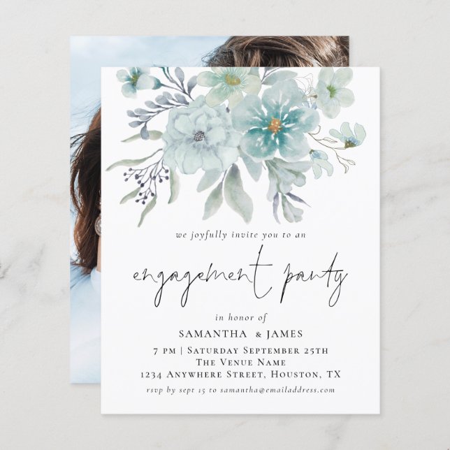 Budget Teal Florals Photo Engagement Party Invite (Front/Back)