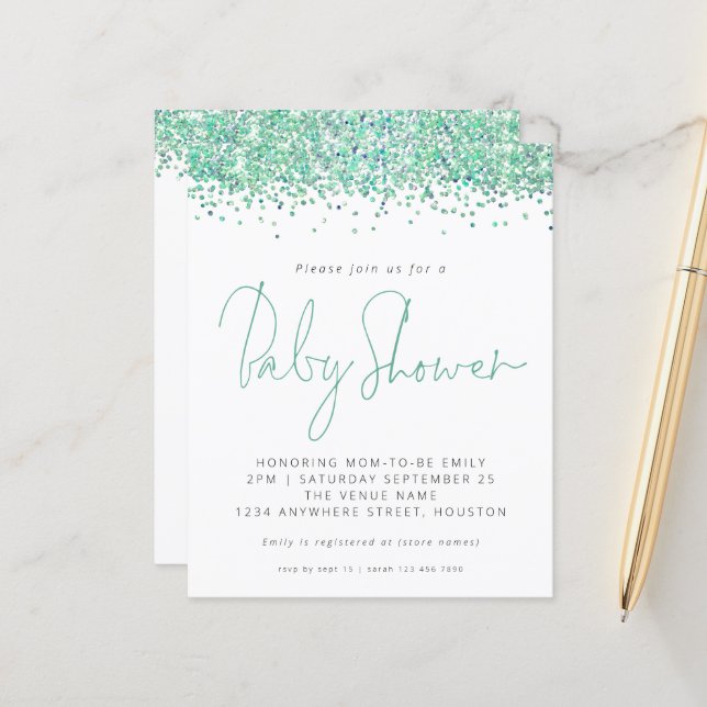 Budget Teal Glitter Baby Shower Invitation (Front/Back In Situ)