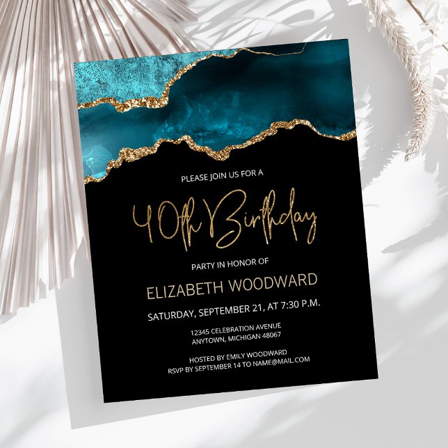 Budget Teal Gold Agate 40th Birthday Invitation (Creator Uploaded)