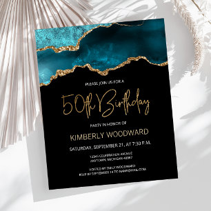 Budget Teal Gold Agate 50th Birthday Invitation