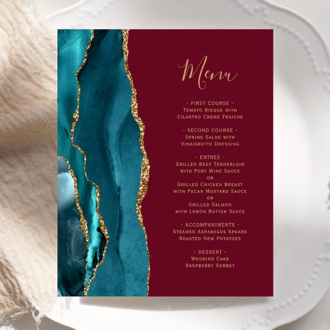 Budget Teal Gold Agate Burgundy Wedding Menu (Creator Uploaded)
