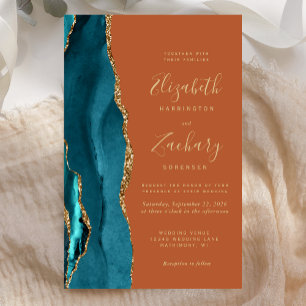 Budget Teal Gold Agate Burnt Orange Wedding Invite