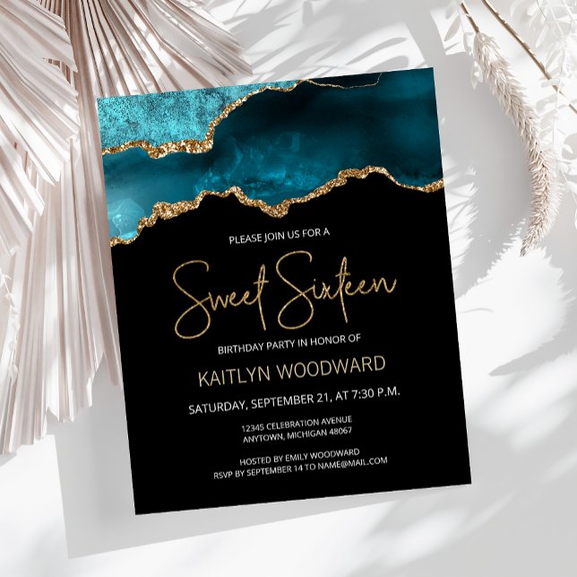 Budget Teal Gold Agate Dark Sweet 16 Invitation (Creator Uploaded)