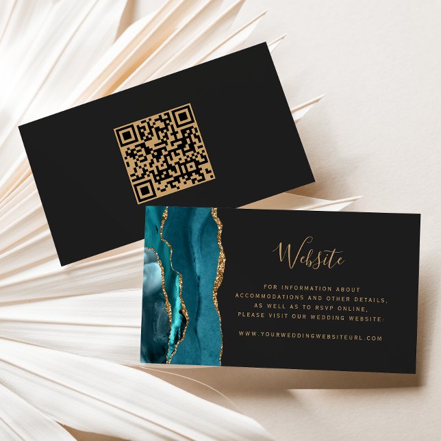 Budget Teal Gold Agate Dark Wedding QR Code Enclosure Card (Creator Uploaded)