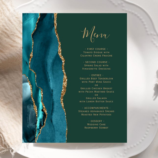 Budget Teal Gold Agate Emerald Green Wedding Menu (Creator Uploaded)