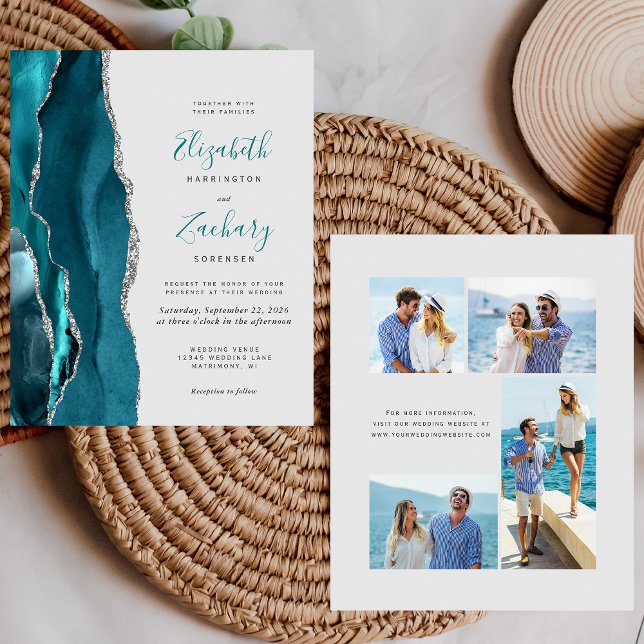 Budget Teal Gold Agate Grey 4-Photo Wedding Invite (Creator Uploaded)