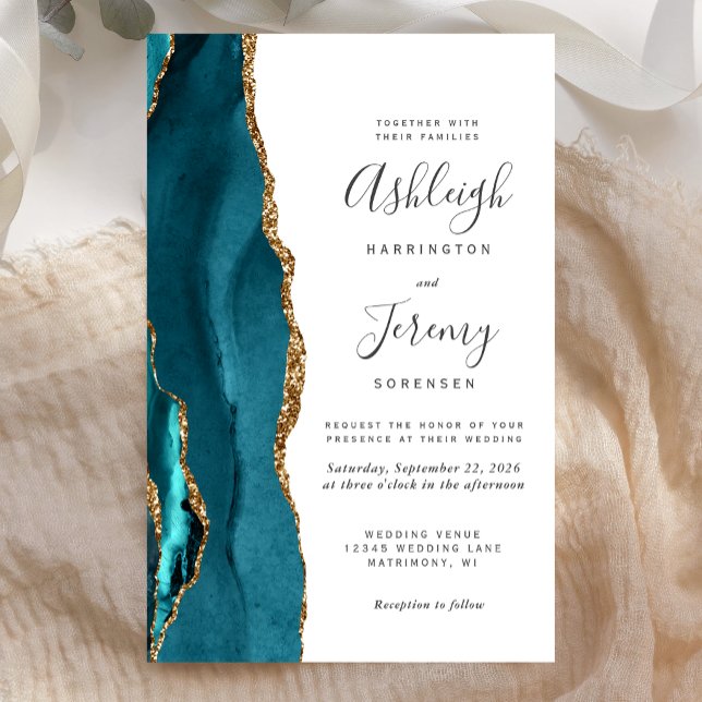 Budget Teal Gold Agate Modern Wedding Invitation (Creator Uploaded)