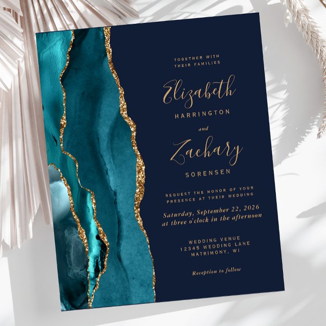 Budget Teal Gold Agate Navy Blue Wedding Invite (Creator Uploaded)
