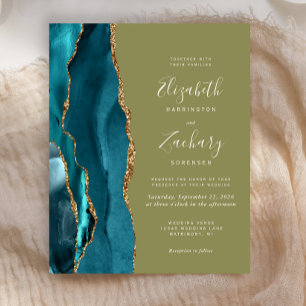 Budget Teal Gold Agate Olive Green Wedding Invite