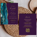 Budget Teal Gold Agate Purple QR Code Wedding<br><div class="desc">The left-hand edge of this elegant modern wedding invitation features a teal watercolor agate border trimmed with faux gold glitter. The customisable text combines gold-coloured handwriting, copperplate and italic fonts on an opulent deep purple background. The reverse side provides space for wedding details on a solid purple background, along with...</div>