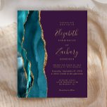 Budget Teal Gold Agate Purple Wedding Invite<br><div class="desc">The left-hand edge of this elegant modern wedding invitation features a teal watercolor agate border trimmed with faux gold glitter. The customisable text combines gold-coloured handwriting,  copperplate and italic fonts on an opulent deep purple background. The reverse side features a matching teal and gold agate design.</div>
